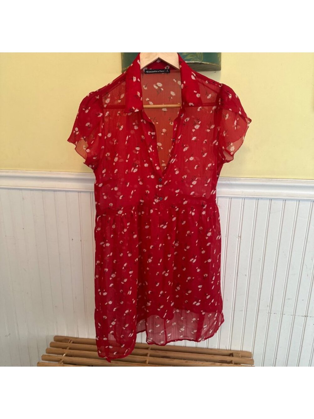 Abercrombie & Fitch Red Floral Sheer Short-Sleeve Dress S